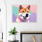Abstrakter Shiba Inu: Gerahmtes Premium-Poster mit lebendigen geometrischen Formen in Pastellfarben-petllective