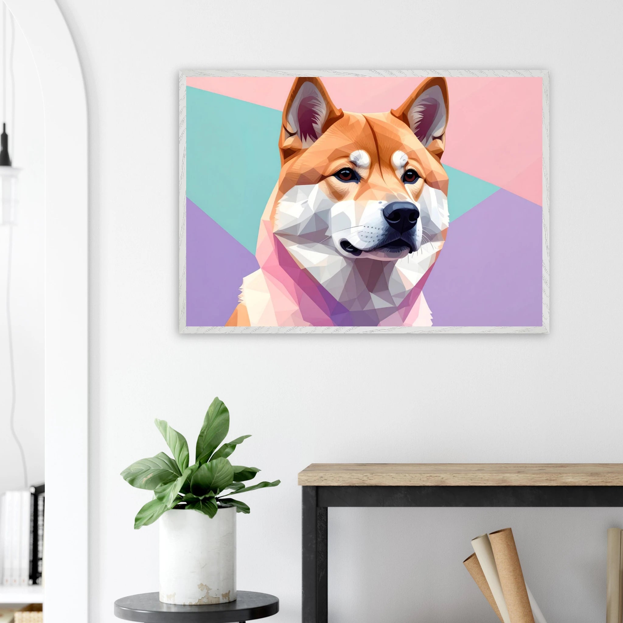Abstrakter Shiba Inu: Gerahmtes Premium-Poster mit lebendigen geometrischen Formen in Pastellfarben-petllective