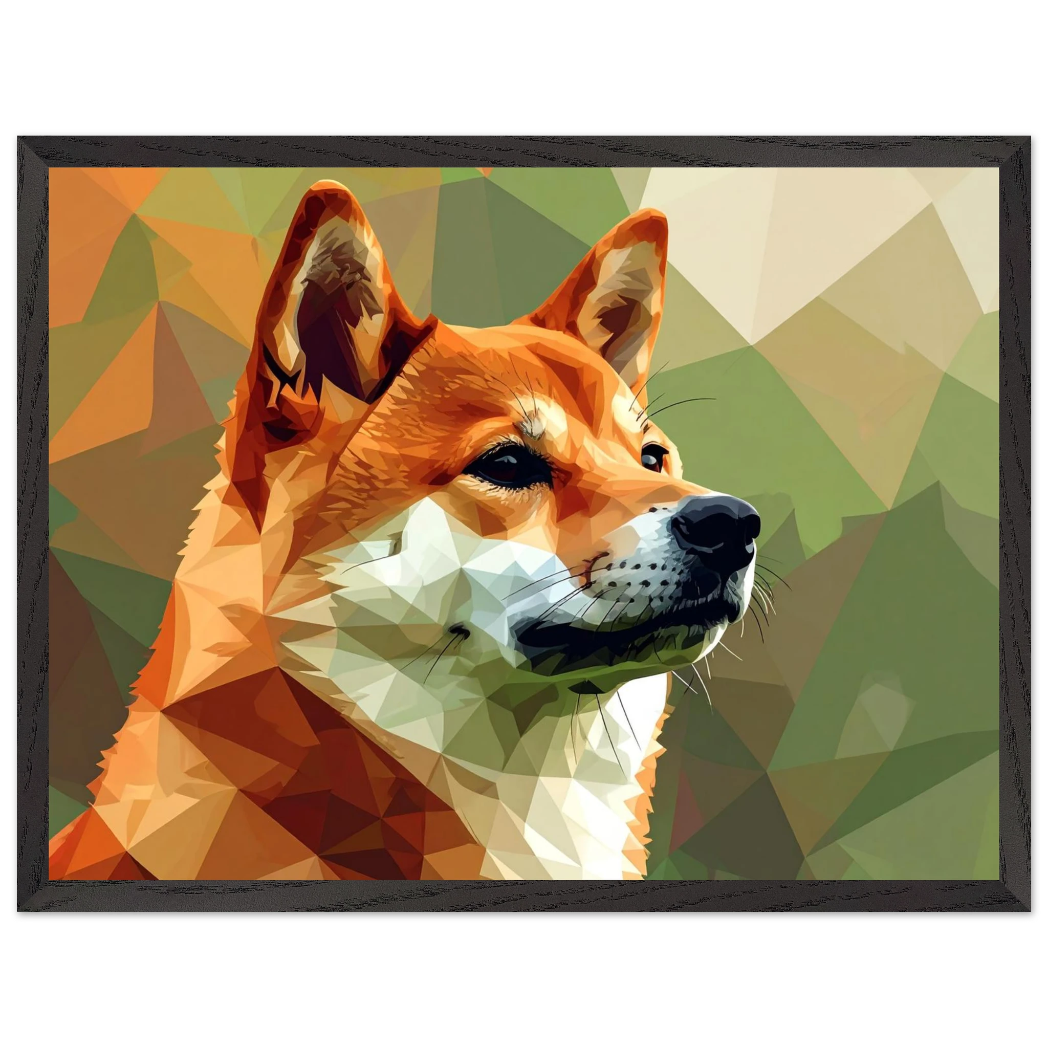 Shiba Inu Polygon Art Premium-Poster – Hundeliebe in leuchtenden Farben mit Holzrahmen-petllective