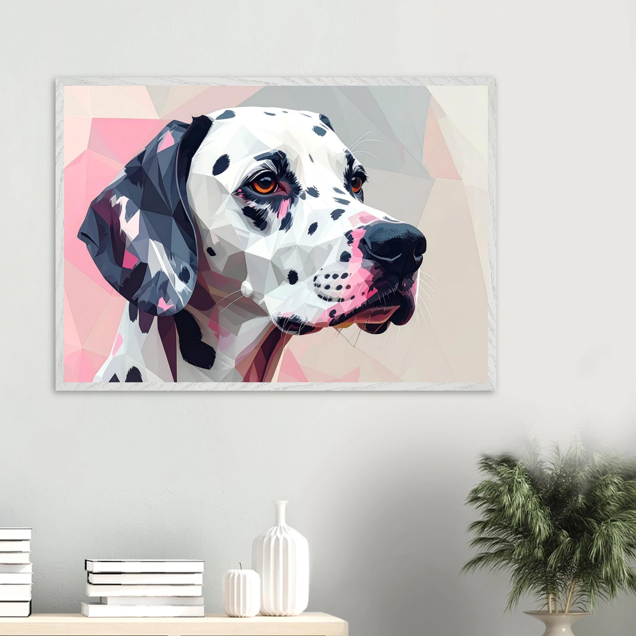 Abstraktes Dalmatiner-Porträt – Gerahmtes Premium-Poster in Pastellfarben und geometrischem Stil-petllective