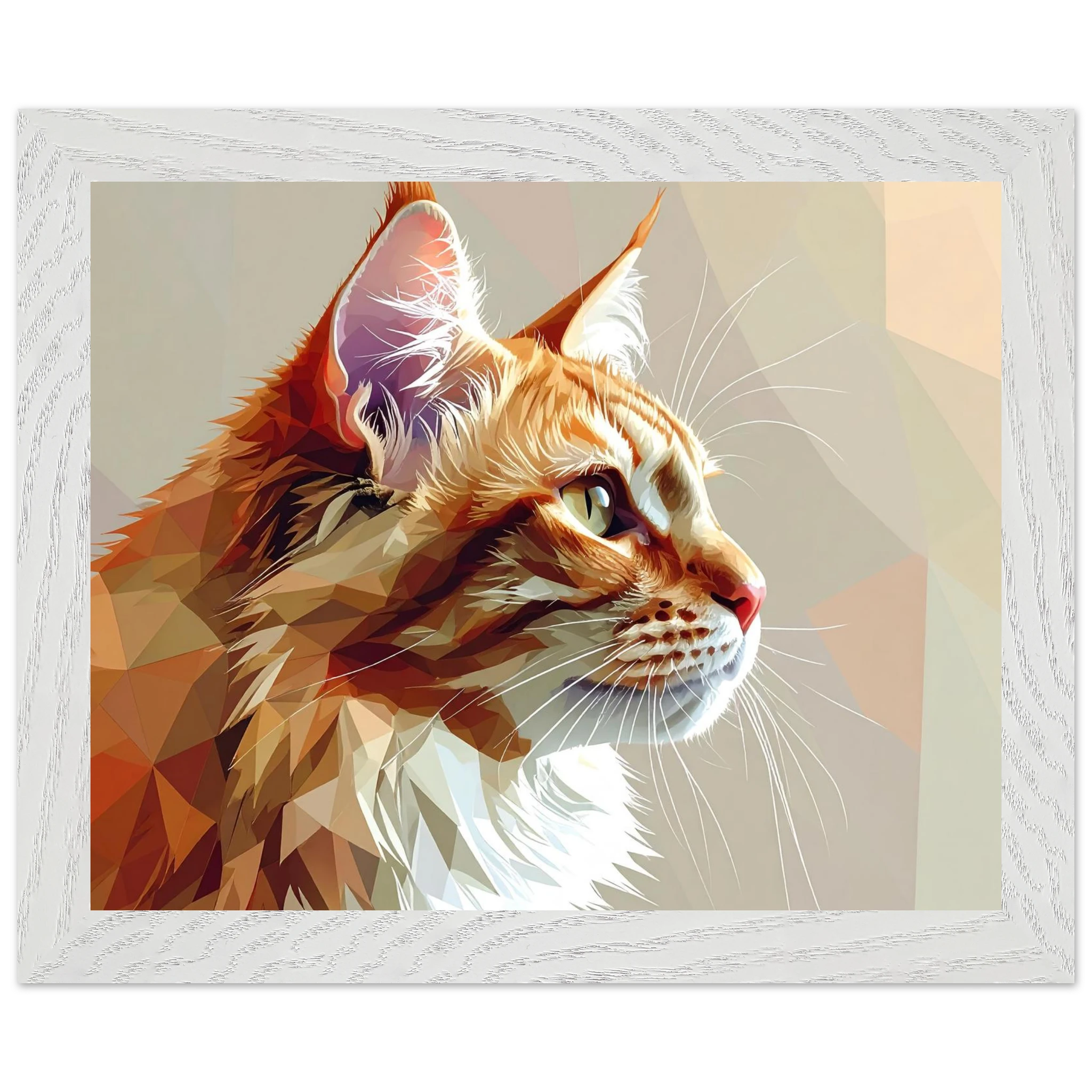 Abstraktes Katzenportrait Premium-Poster mit Rahmen – In orangefarbenem Polygon-Stil, in verschiedenen Größen und Rahmenfarben erhältlich-petllective