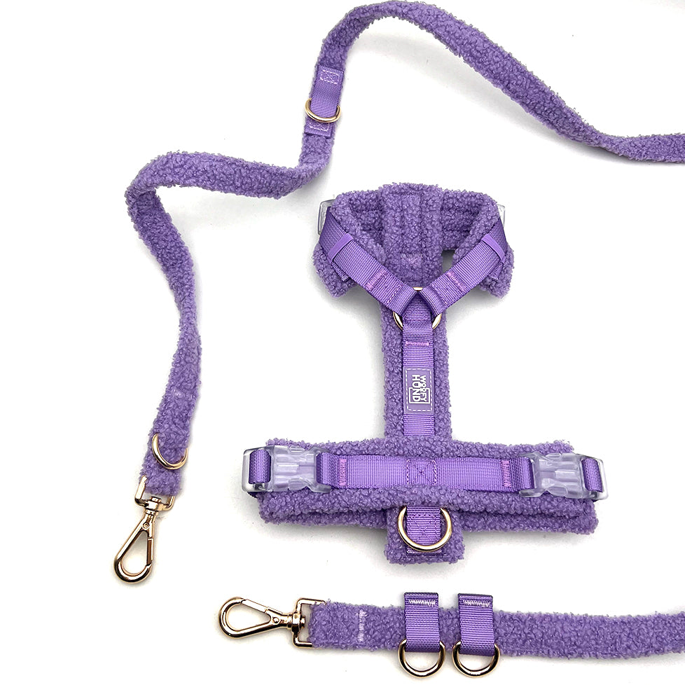 Hundegeschirr-Set – Teddy-Optik – Violett – inkl. Leine