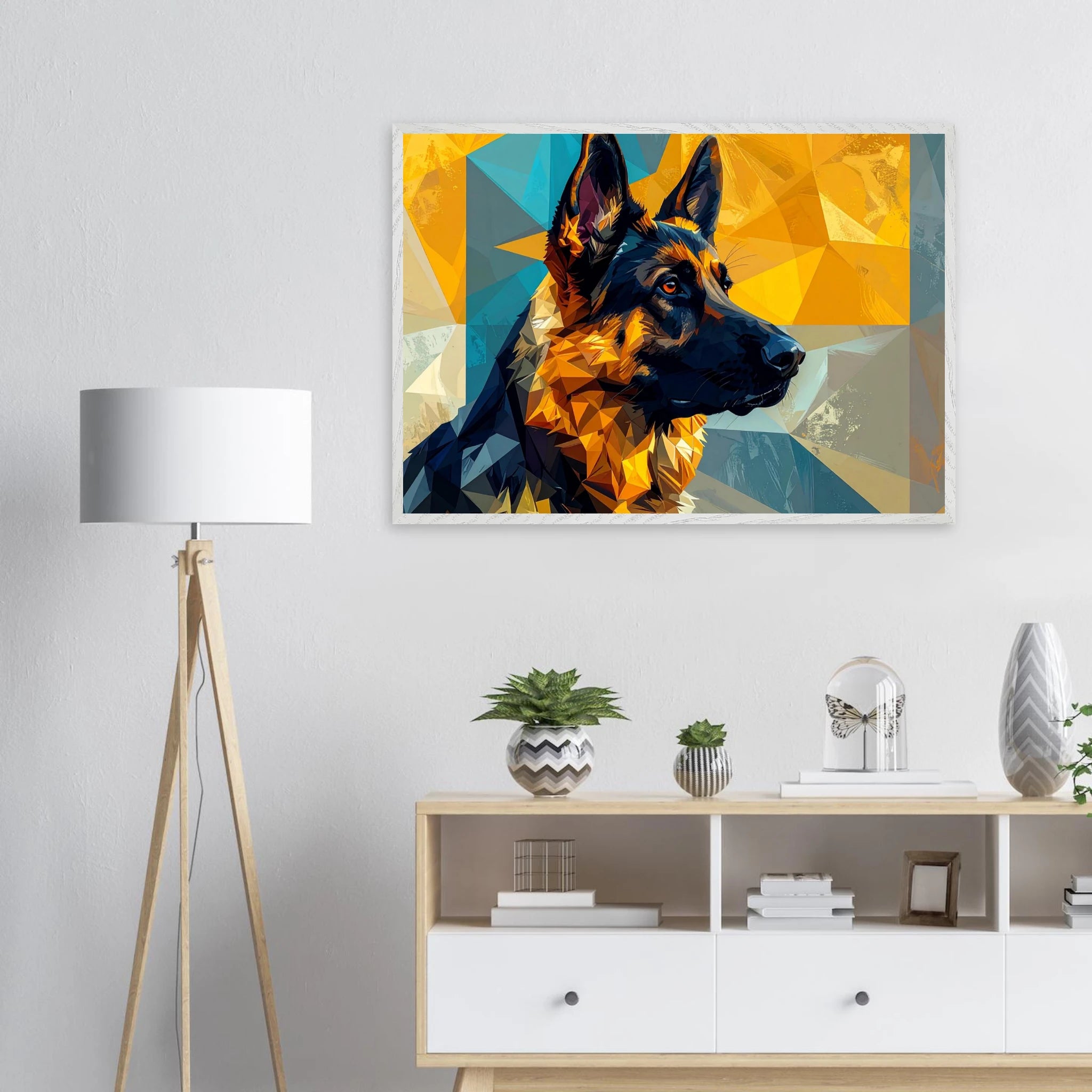 Geometrisches Schäferhund-Porträt: Premium-Poster mit Holzrahmen in deinem Stil-petllective