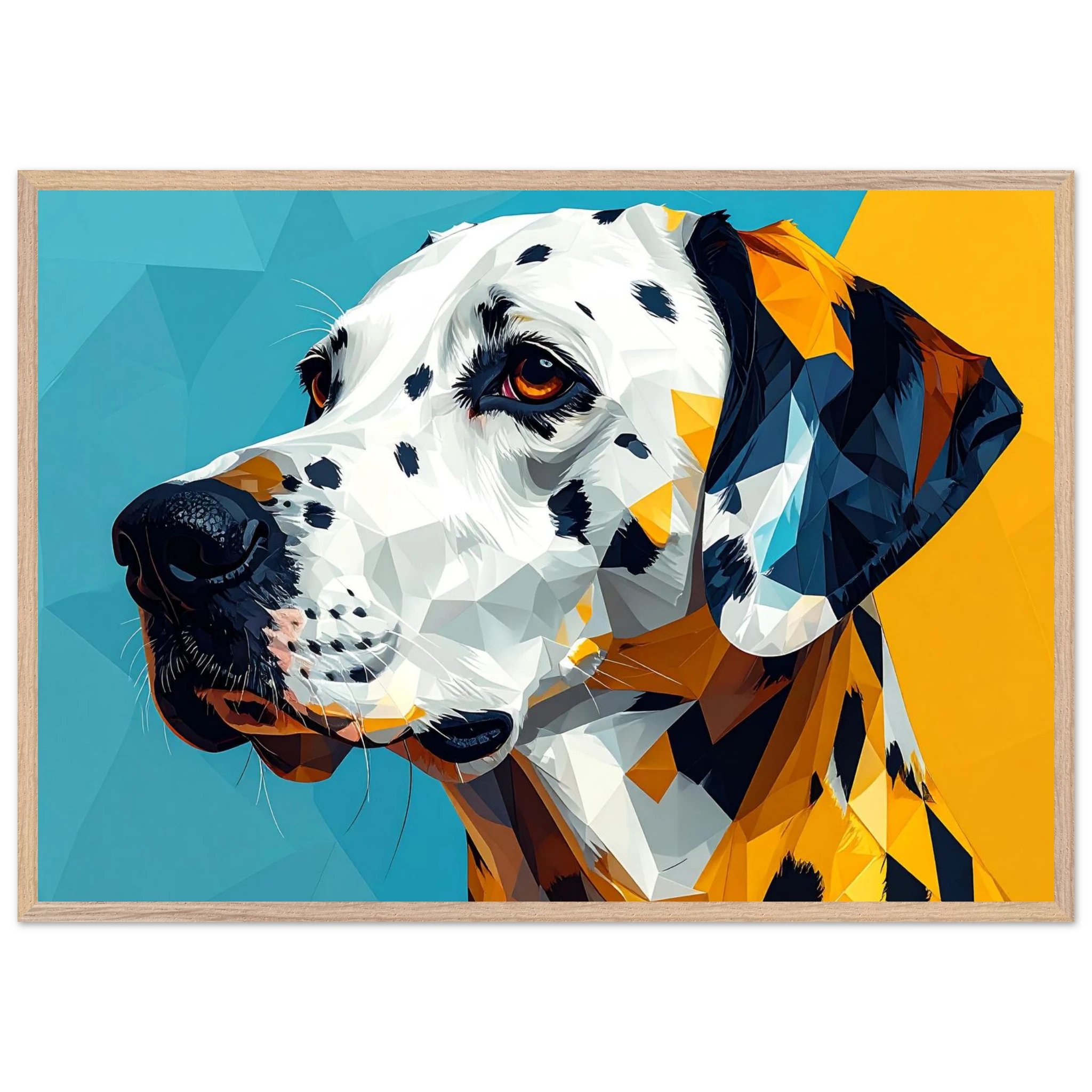 Abstraktes Dalmatiner-Portrait: Gerahmtes Premium-Poster in lebendigem Blau-Gelb-petllective
