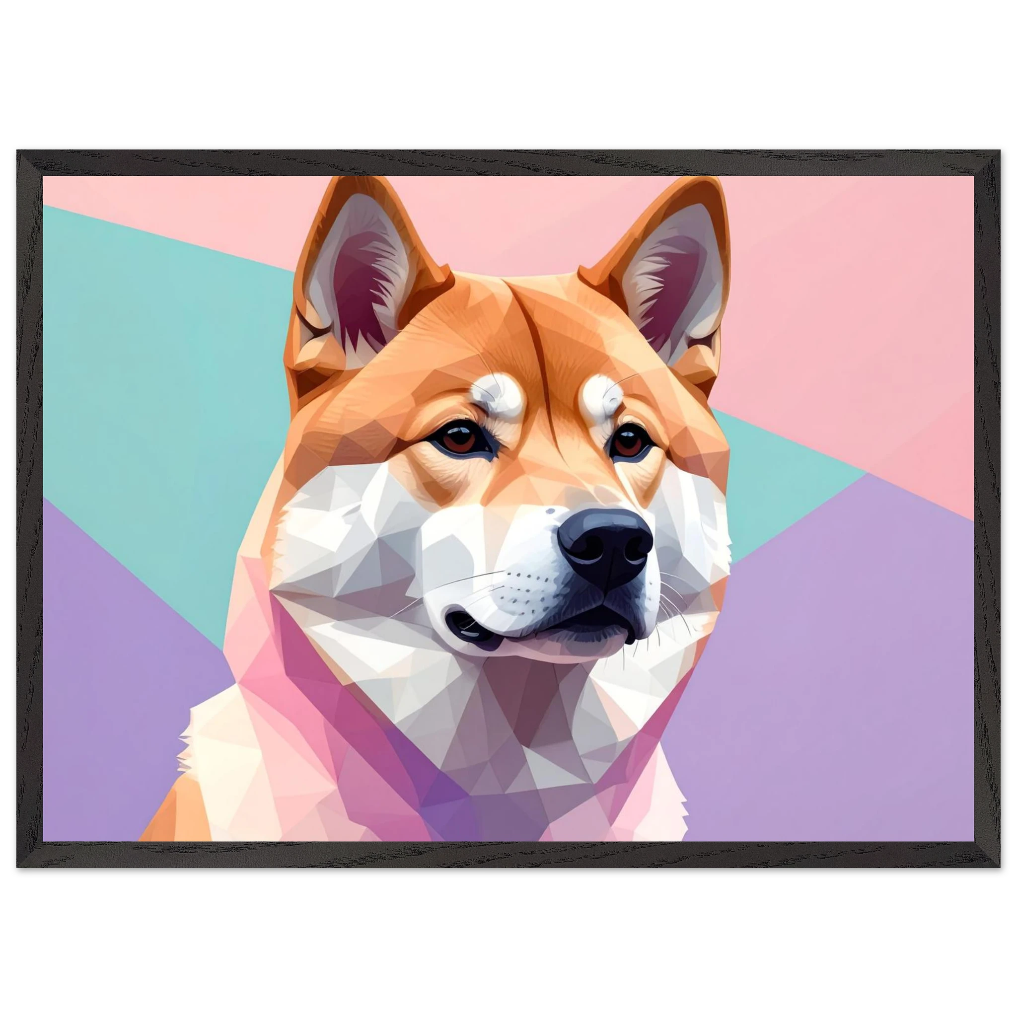 Abstrakter Shiba Inu: Gerahmtes Premium-Poster mit lebendigen geometrischen Formen in Pastellfarben-petllective