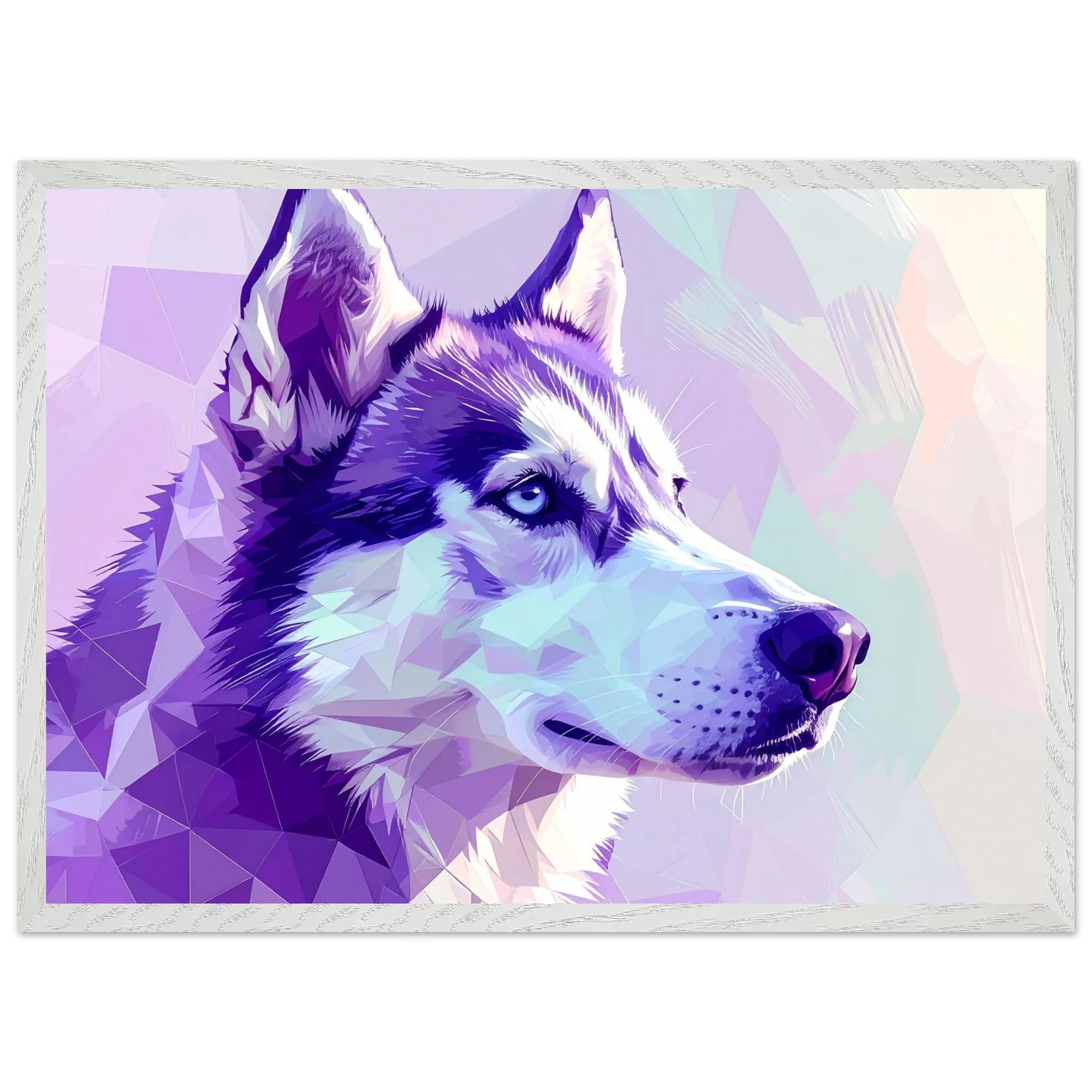 Abstrakter Husky-Portrait-Kunstdruck – Gerahmtes Premium-Poster in faszinierenden Lila-Tönen-petllective