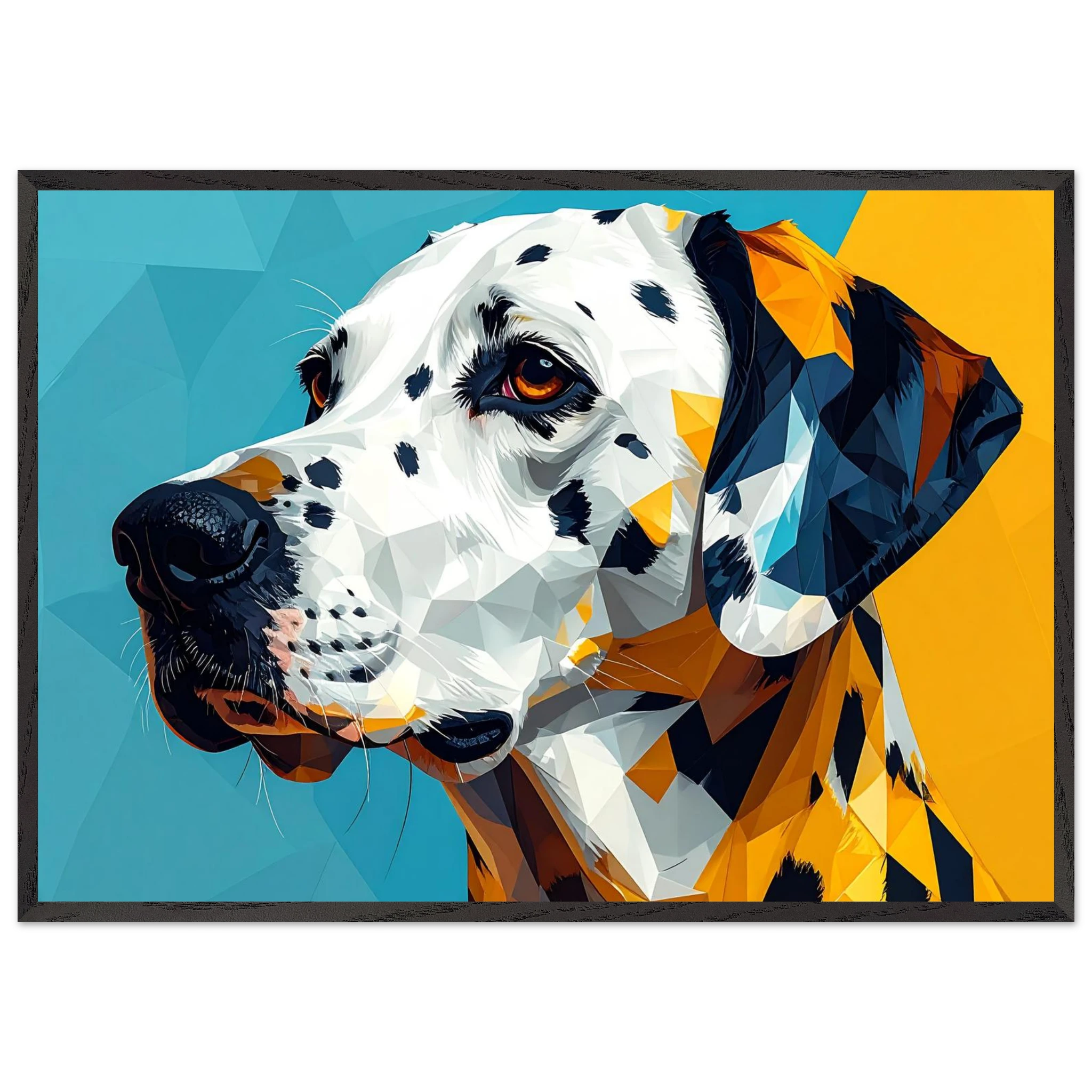 Abstraktes Dalmatiner-Portrait: Gerahmtes Premium-Poster in lebendigem Blau-Gelb-petllective