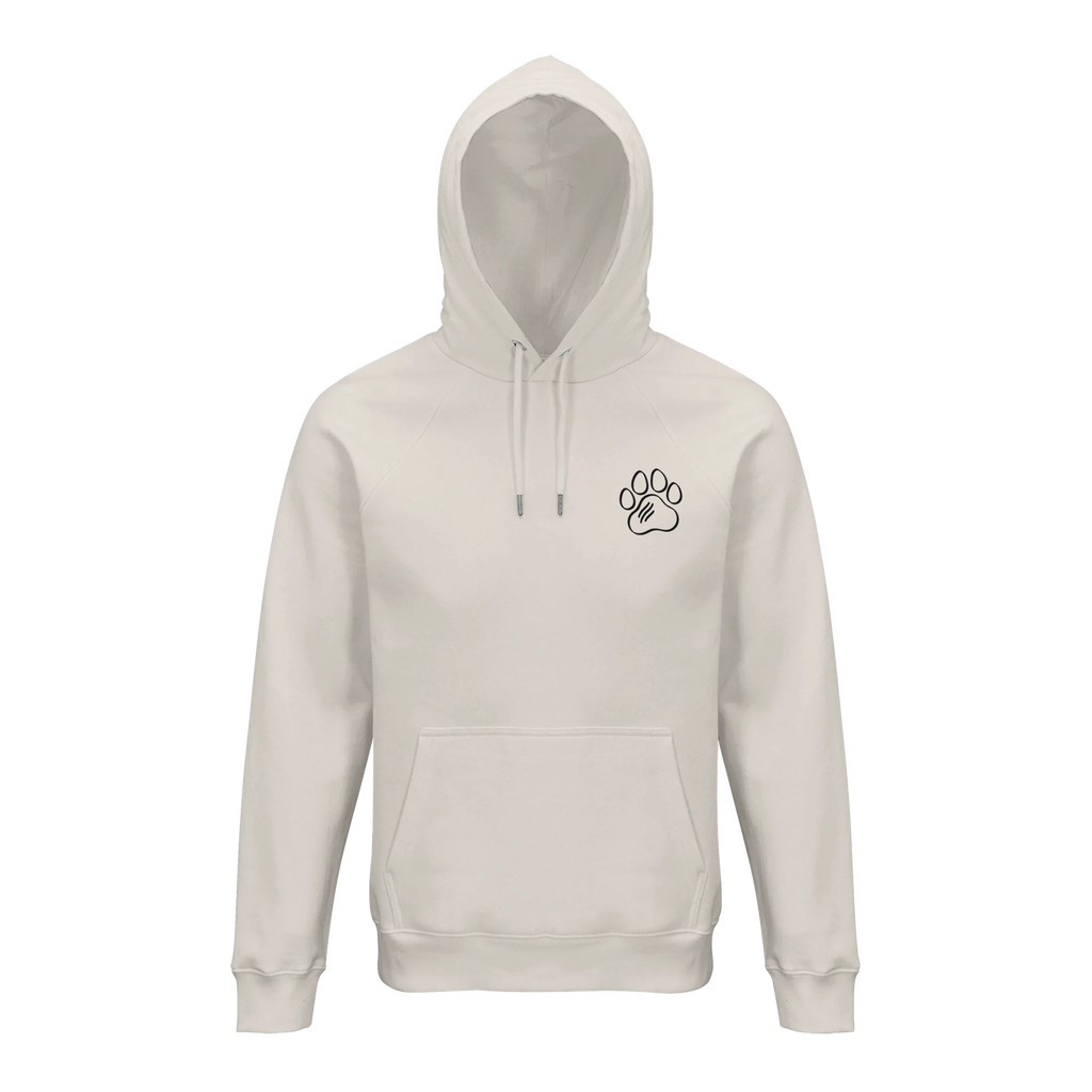 Unisex Hoodie in Naturweiß mit schwarzem Fine-Line Pfotenprint auf Brust und Rücken, Kapuze und Kängurutasche, Vorder- und Rückansicht.