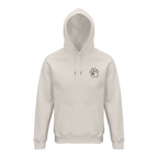 Unisex Hoodie in Naturweiß mit schwarzem Fine-Line Pfotenprint auf Brust und Rücken, Kapuze und Kängurutasche, Vorder- und Rückansicht.