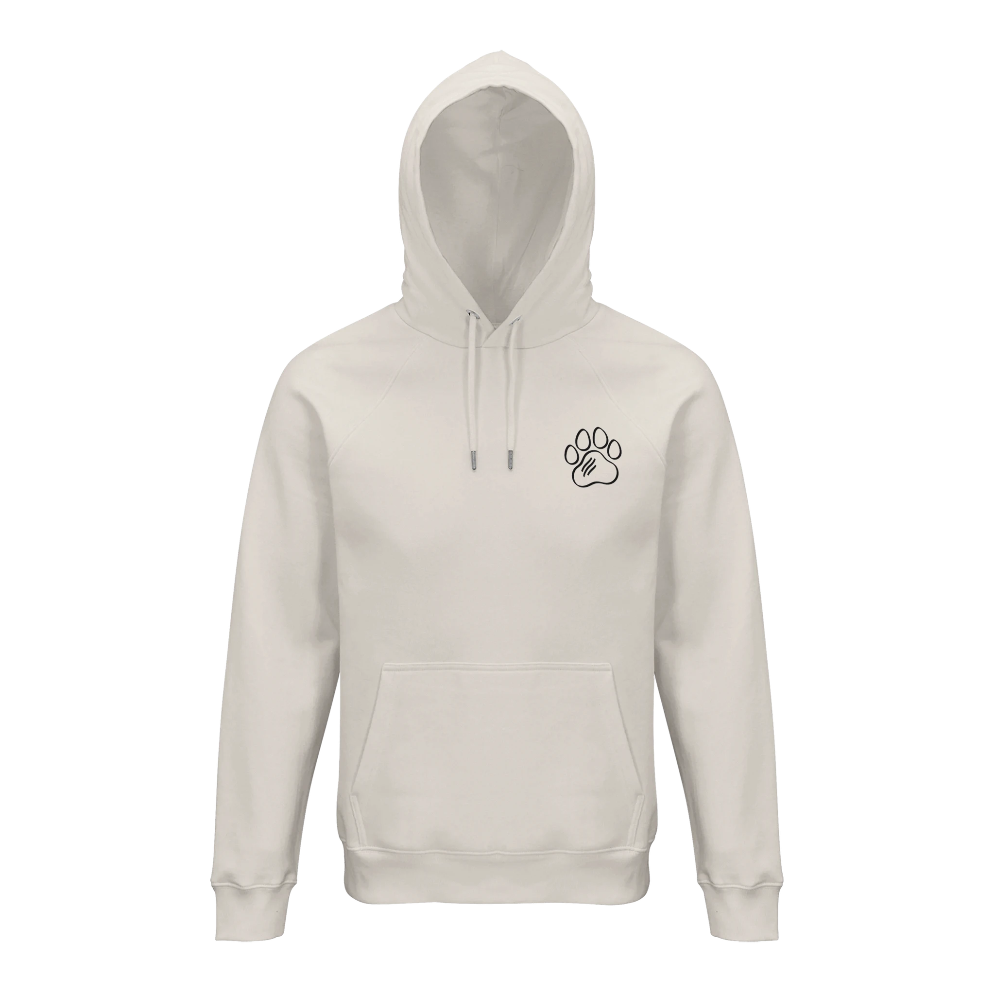 Unisex Hoodie in Naturweiß mit schwarzem Fine-Line Pfotenprint auf Brust und Rücken, Kapuze und Kängurutasche, Vorder- und Rückansicht.